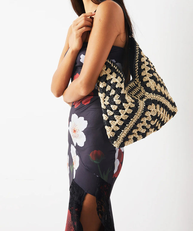 Boho Crochet Straw Tote Bag