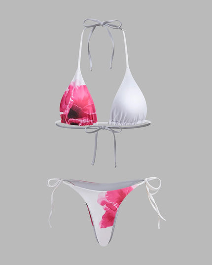 White Floral Print Bikini & Mesh Skirt 3-Piece Set