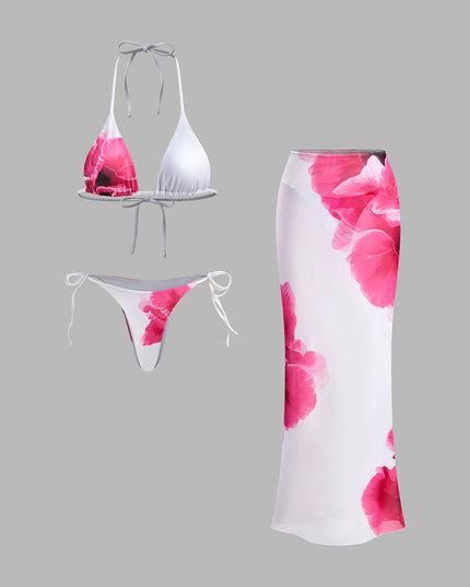 White Floral Print Bikini & Mesh Skirt 3-Piece Set