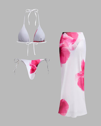 White Floral Print Bikini & Mesh Skirt 3-Piece Set