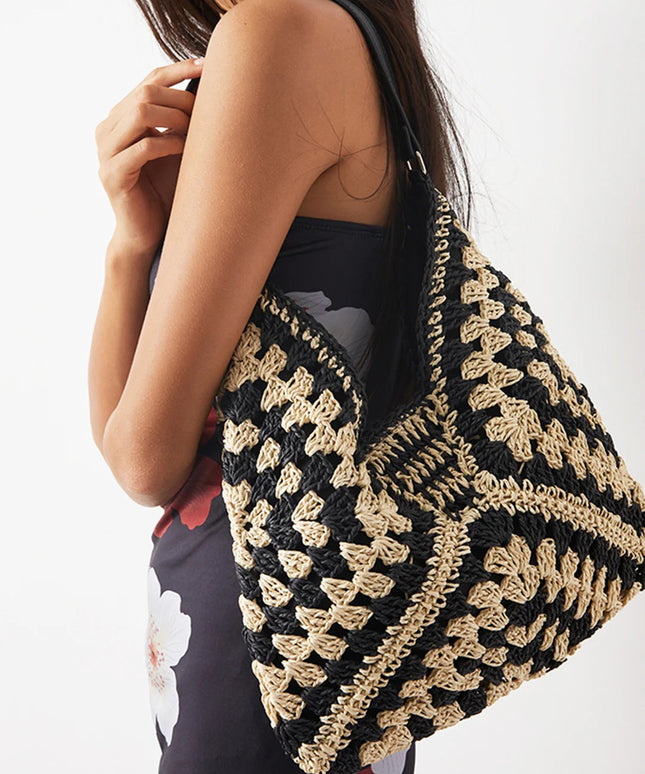 Boho Crochet Straw Tote Bag