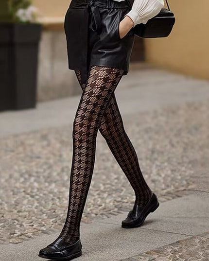 Houndstooth Pattern Fishnet Tights