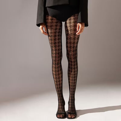 Houndstooth Pattern Fishnet Tights