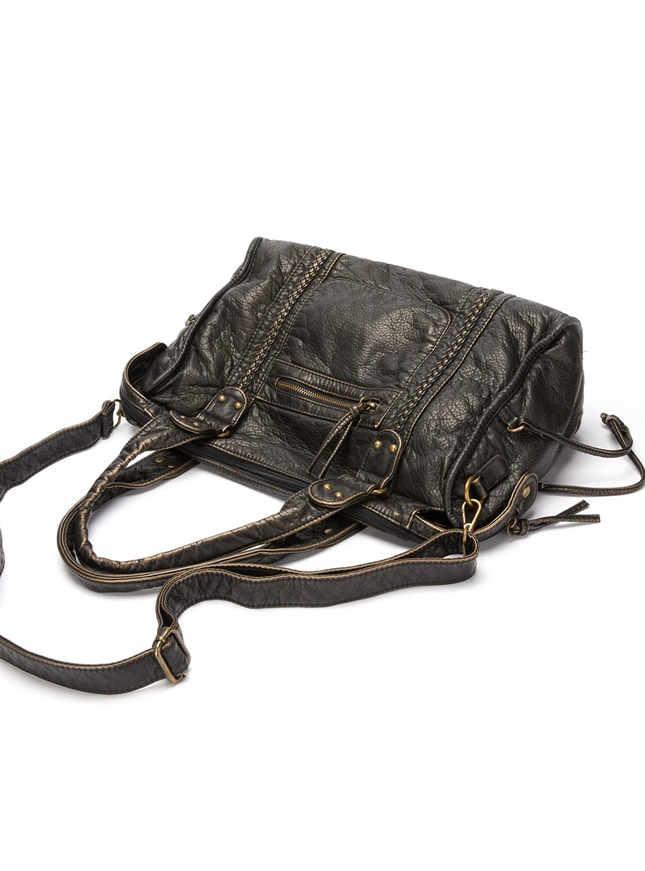 Vintage Washed Faux Leather Shoulder City Bag